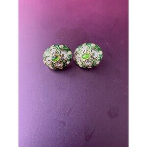 Green And Gold Ornate Stud Earrings With Rhinestones